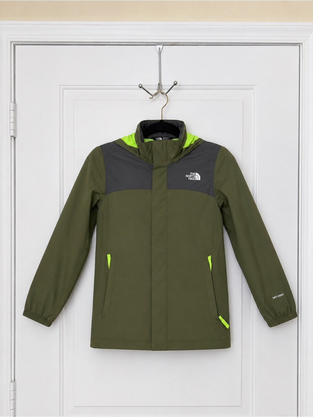 The North Face Olive Green Kids Raincoat with Neon Yellow Trim